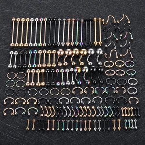 Lot de 150 bijoux de piercing en acier inoxydable or argent noir et couleurs arc-en-ciel