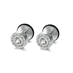 Detail of silver steel stud earrings featuring Greek meander patterns and clear cubic zirconia