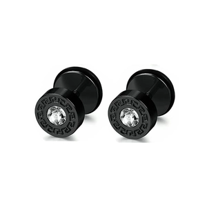 Detail of black stainless steel stud earrings with Meander pattern and cubic zirconia