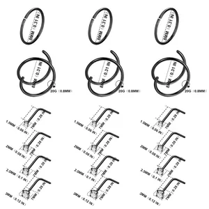 Size chart for 21-piece stainless steel nose ring set with diameter and gauge specs