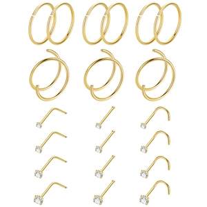 Detail view of 21-piece gold stainless steel nose ring set featuring hoops and CZ studs