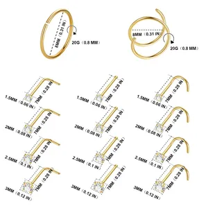 Detailed size chart for stainless steel nose rings and studs in gold finish set