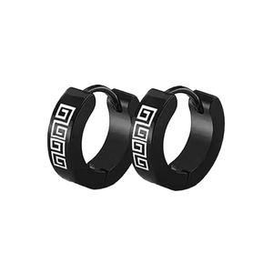 Detail of black stainless steel hoop earrings featuring white Greek meander pattern design