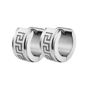 Detail of silver stainless steel hoop earrings with Greek key pattern and brushed finish