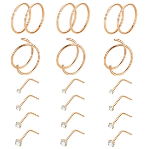 24-piece rose gold nose jewelry set featuring seamless rings and L-shaped CZ nose studs