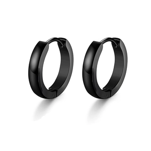 Detailed view of black stainless steel hoop earrings with a matte finish and hinged clasp