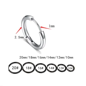 Größentabelle für sechs Größen von Edelstahl-Ohrringen von 10 mm bis 20 mm
