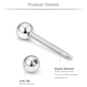 Set di 10 piercing per lingua in acciaio inossidabile 316L 1,6 mm con sfere lucide