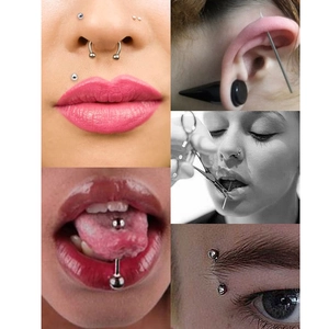 Detailoverzicht van diverse roestvrijstalen piercing sets in zwart en zilver voor lichaam