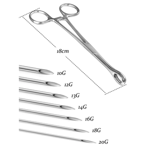 Detailoverzicht van professionele 18cm piercingtang en chirurgische naaldenset