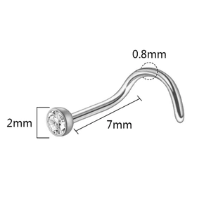 L-shaped stainless steel nose stud with 2mm clear zircon and 0.8mm gauge piercing