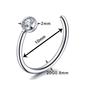 Stainless steel nose ring with 2mm zircon and 10mm inner diameter, 20G piercing jewelry