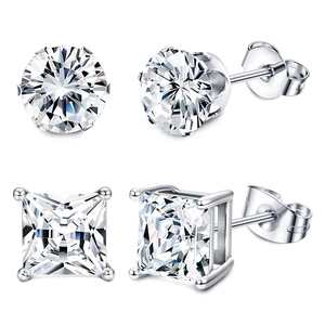 Boucles d'Oreilles Clous en Acier Inoxydable Zircone Cubique Rond et Carré Coupe Princesse Pour Hommes Femmes Bijoux