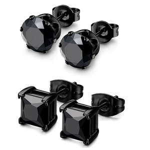 Parure de boucles d'oreilles en acier noir avec zircons ronds et carrés taillés