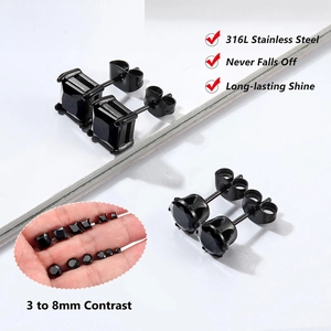 Détails de l'ensemble de boucles d'oreilles en zircon noir et acier inoxydable 316L