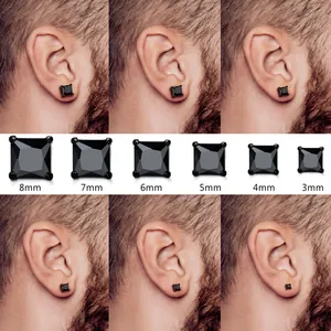 Guide des tailles de boucles d'oreilles carrées noires montrant les options de 3mm à 8mm