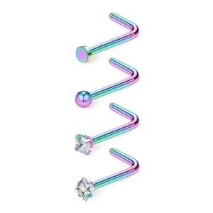 Detail of four L-shaped rainbow nose studs with flat disk, ball, and CZ stone settings