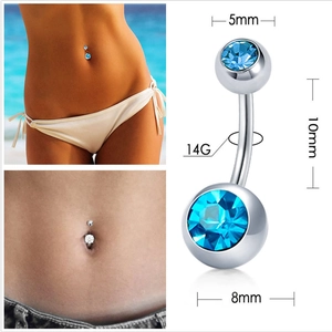 14G stainless steel belly button ring with blue crystals and measurement specifications