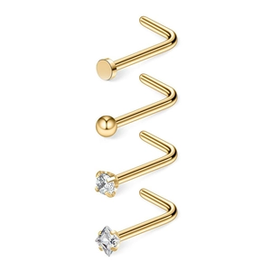 L-shaped gold nose studs set with ball, flat disc, round and square CZ prong settings