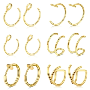 Stainless Steel Fake Nose Ring Lip Ring Ear Cartilage Stud Earrings Non Piercing Clip On Helix Jewelry For Men Women