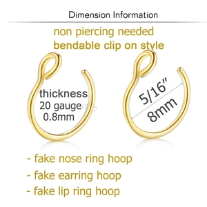 6 pairs of gold stainless steel non-pierced clip-on nose rings and earrings set 8mm