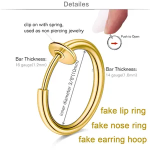 Golden stainless steel clip-on hoop ring for nose, lip, or ears, 10mm inner diameter