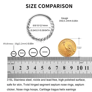 Size comparison of twist 316L stainless steel hinged rings from 6mm to 14mm inner diameter