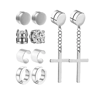 Lot de 10 paires de boucles d'oreilles magnétiques en acier avec pendentifs croix