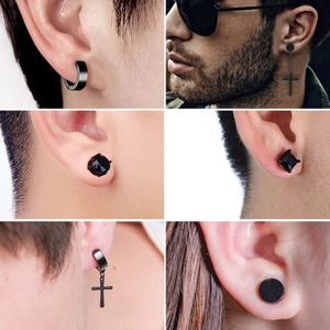 Men's black stainless steel earrings set including cross pendants and stud earrings