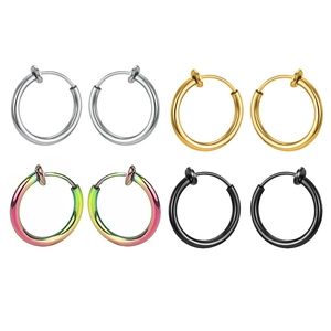 Set of 4 pairs non-pierced stainless steel hoop clip earrings in gold, silver, black, and rainbow