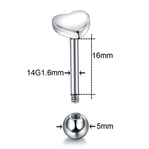 10-piece set of heart-shaped stainless steel tongue rings with 14G thickness and 16mm length