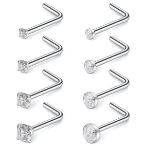 Lot de 8 piercings de nez en L en acier inoxydable avec oxydes de zirconium sertis griffes