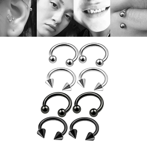 Set di 8 piercing a ferro di cavallo in acciaio con sfere e punte nero e argento