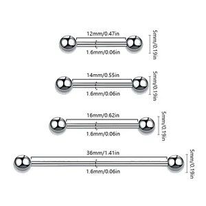 Guide des tailles pour piercings de langue et téton en acier inoxydable de 1,6 mm d'épaisseur