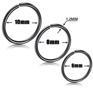 Three-piece set of black stainless steel nose rings in 6mm 8mm and 10mm sizes