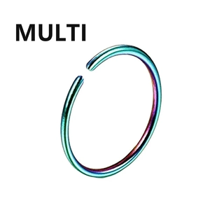 Detail showing an iridescent multi-color stainless steel open hoop for nose or ear piercing