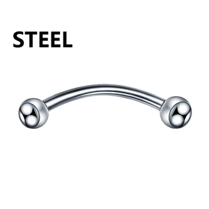Polished stainless steel curved barbell piercing with solid metal balls on white background