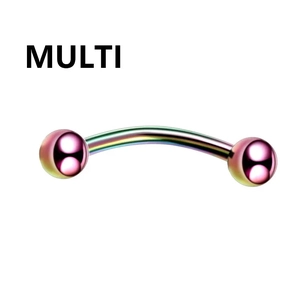 Detail of a rainbow surgical steel curved barbell with metallic gradient finish