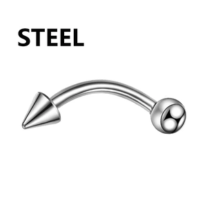Detailed close-up of a silver stainless steel curved barbell with cone and ball ends
