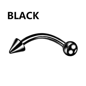 Detail view of a black curved barbell piercing for eyebrow or lip with ball and cone ends