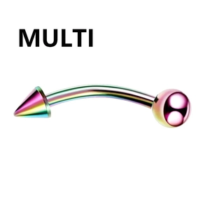 Rainbow-plated stainless steel curved barbell with spike and ball ends for piercing
