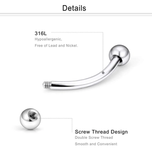 Set of 316L surgical steel eyebrow rings with screw threading and polished metal balls