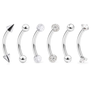 Detail showing 6-piece stainless steel eyebrow rings with diverse CZ and cone ends