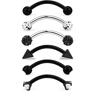 6pcs black stainless steel curved barbells set with zircon and spike for eyebrow piercing