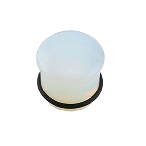 Close-up of translucent opalite ear plug with a black rubber O-ring for ear stretching