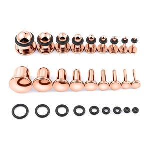 Set dettagliato di dilatatori per orecchie in acciaio inossidabile oro rosa con anelli neri