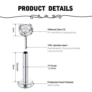 10-piece 316L stainless steel labret stud set with 3mm cubic zirconia and 16G flat back