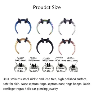 316L stainless steel septum rings size chart showing 14G 16G thickness and multi colors