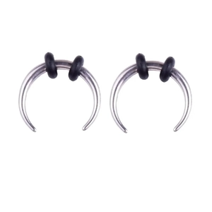Detail of stainless steel C-shaped nose rings with adjustable black rubber O-rings