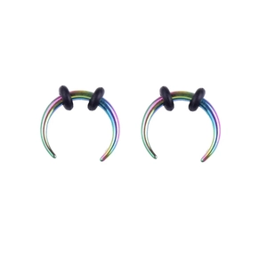 Rainbow stainless steel C-shaped horn septum ring with two black rubber O-rings for fixing